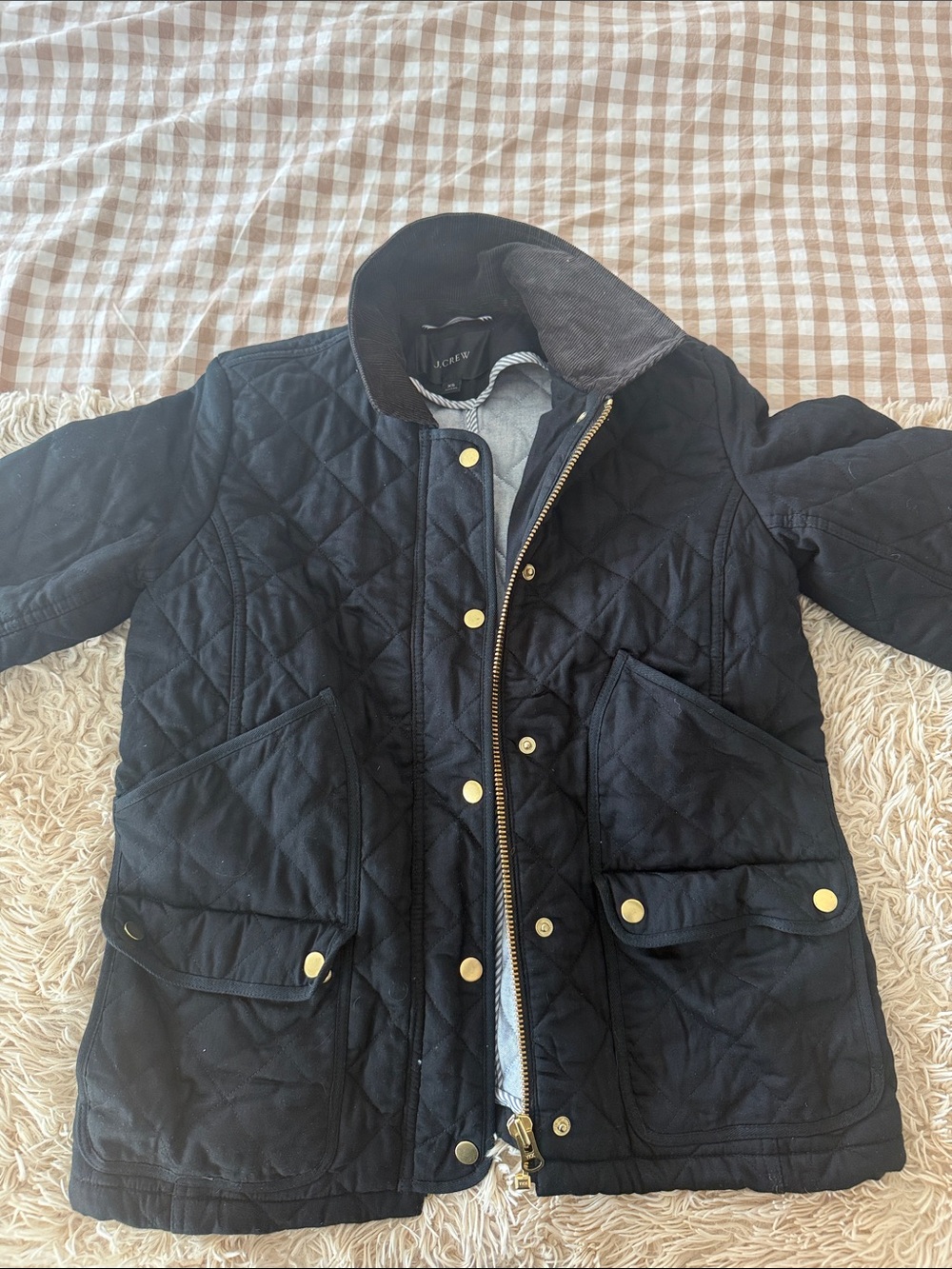J. Crew Quilted Black Utility Jacket with Corduroy Collar